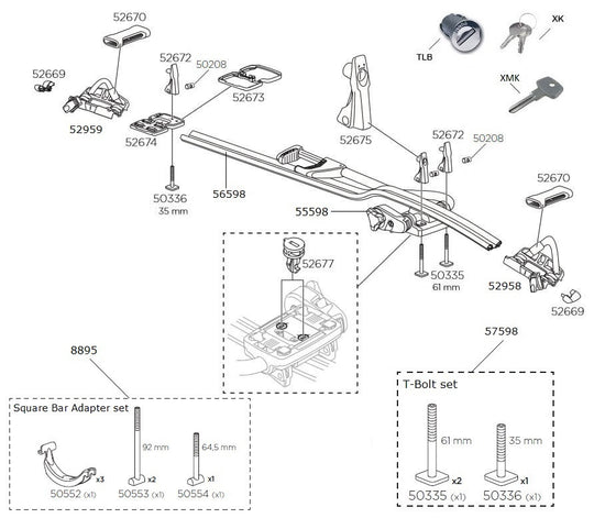 Thule 598 ProRide Spares Diagram - Roof Boxed