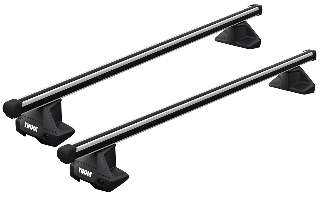 Two black roof rack crossbars with Thule branding on a white background