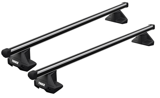 Two black roof rack crossbars with Thule branding on a white background