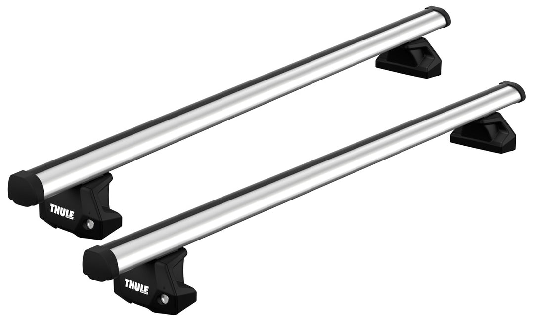 Two silver Thule roof racks on a white background