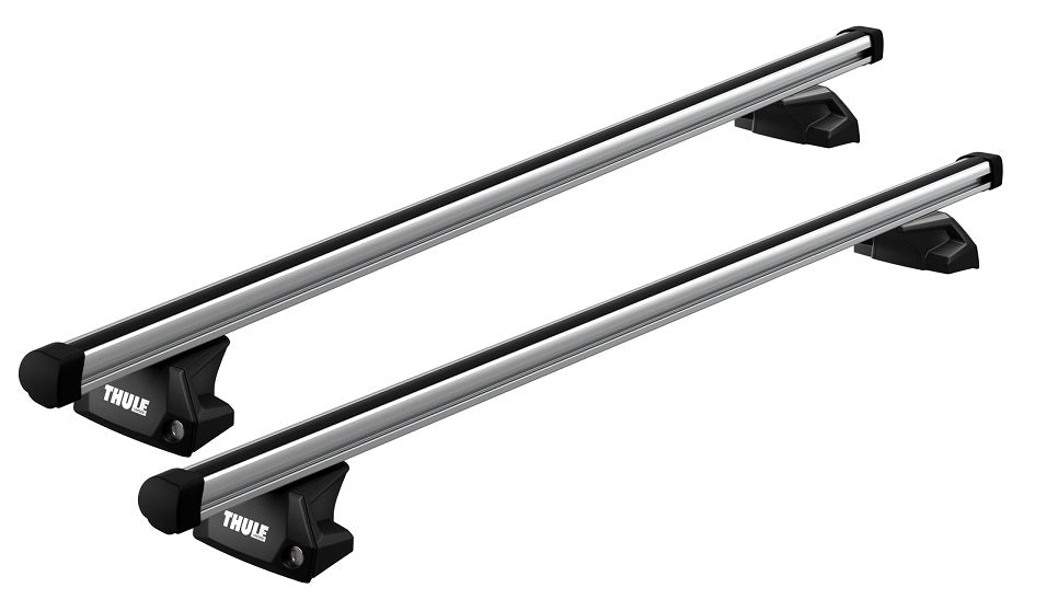 Two silver Thule roof racks on a white background
