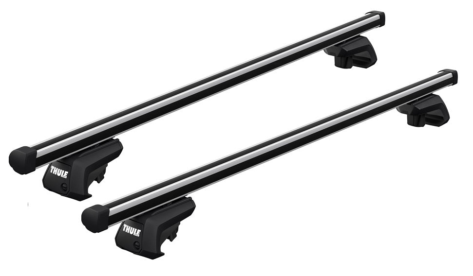 Two car roof racks with Thule branding on a white background