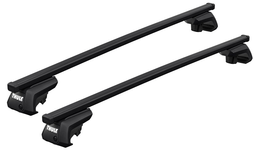 Black Thule roof rack bars on a white background