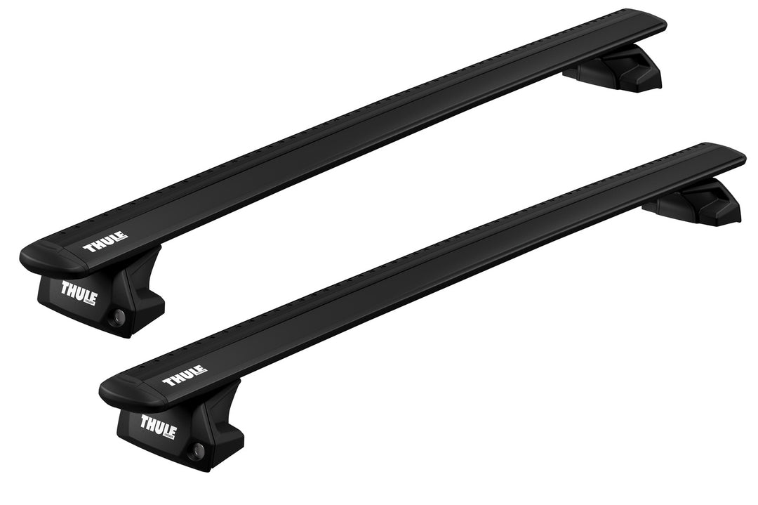 Two black Thule roof racks on a white background