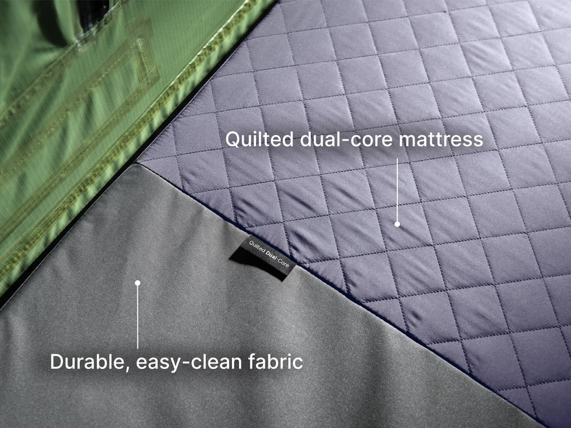 Inside TentBox Lite showing quilted mattress and space for two adults sleeping comfortably